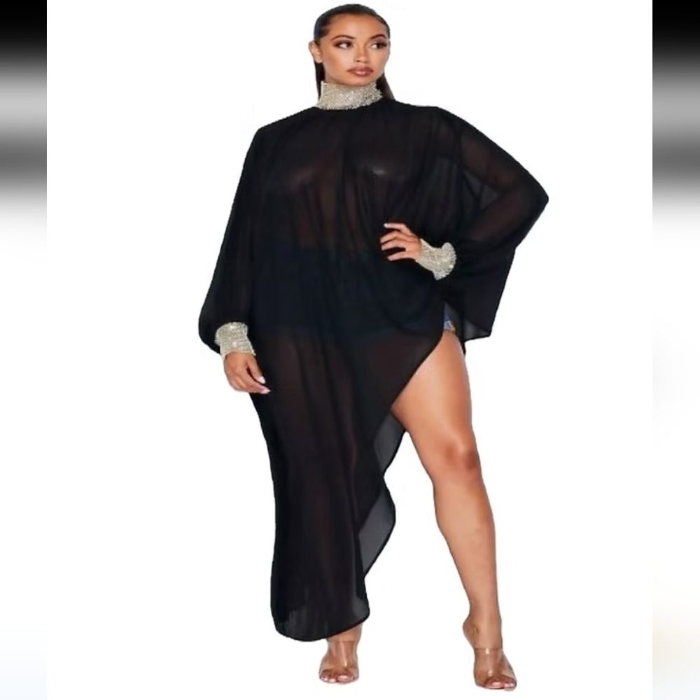 Chiffon Sheer Asymetrical Top Rhinestone Embellished Sleeves & Neckline OSFM